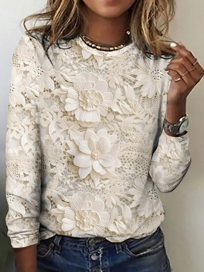 Women's Fashion 3D Digital Printed Round Neck Long-sleeved T-shirt
