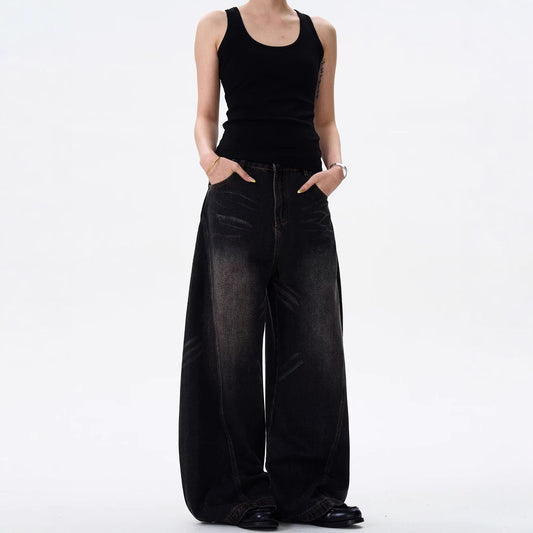 Retro Cat Beard Machete Jeans Women Loose Straight-leg Wide-leg