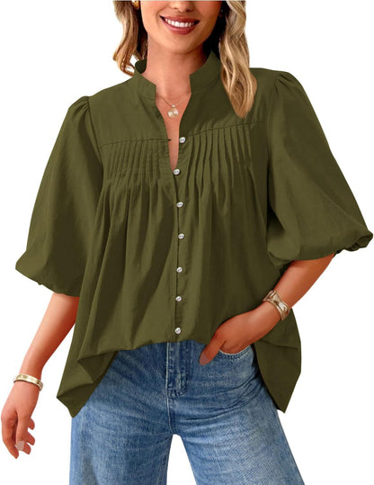 Loose Style Button Shirt Casual Pleated V-neck Shirt