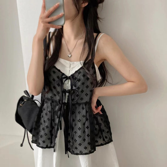 V-neck Lace-up Design Embroidery Jacquard All-match Bandage Dress Sling