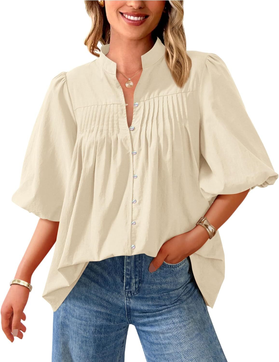 Loose Style Button Shirt Casual Pleated V-neck Shirt