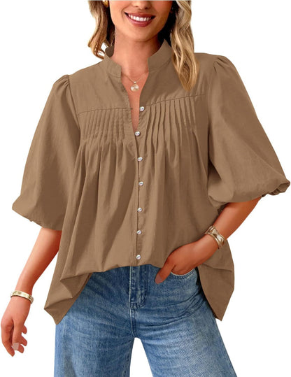 Loose Style Button Shirt Casual Pleated V-neck Shirt