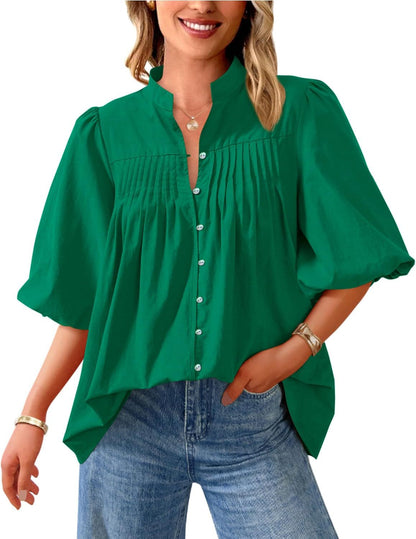 Loose Style Button Shirt Casual Pleated V-neck Shirt