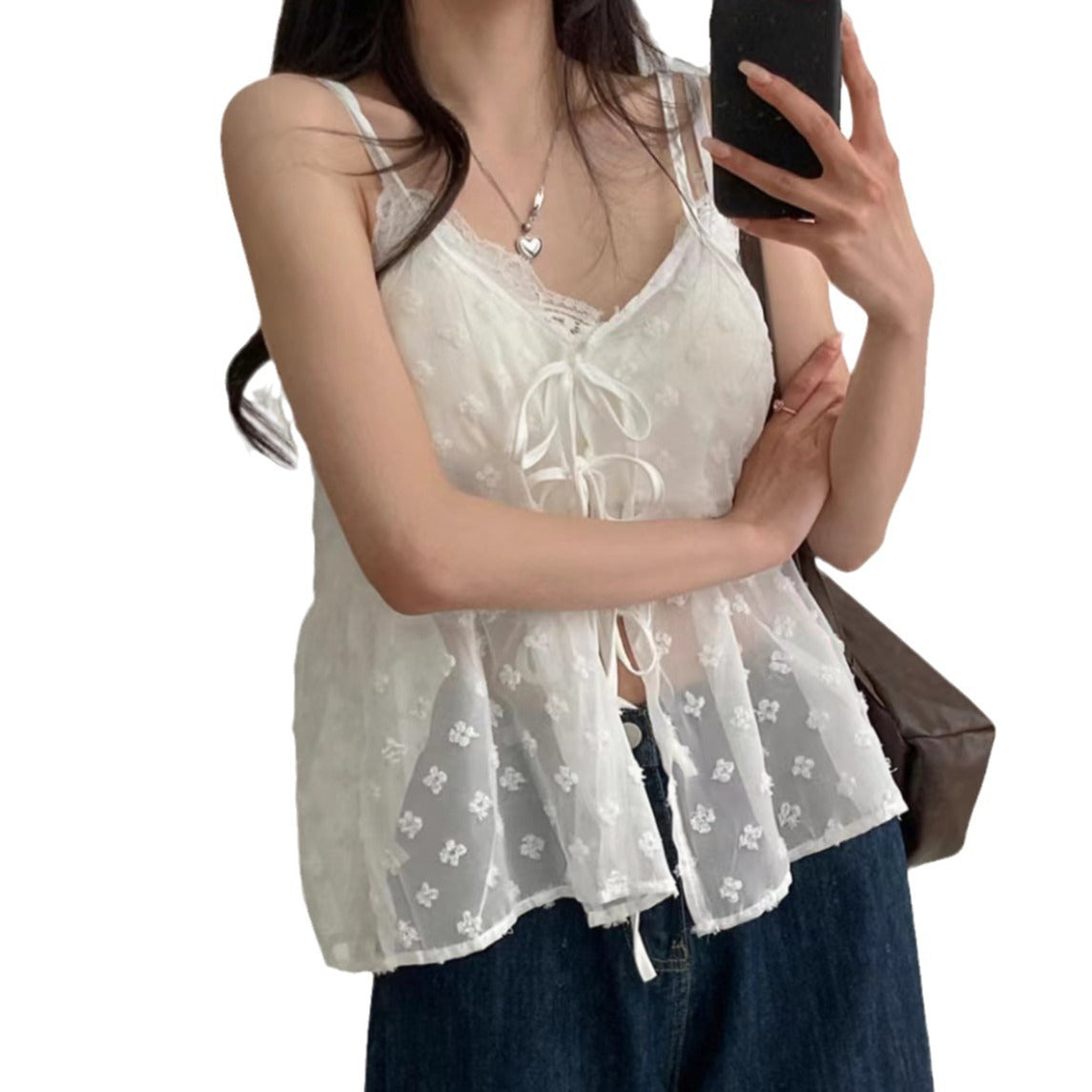 V-neck Lace-up Design Embroidery Jacquard All-match Bandage Dress Sling
