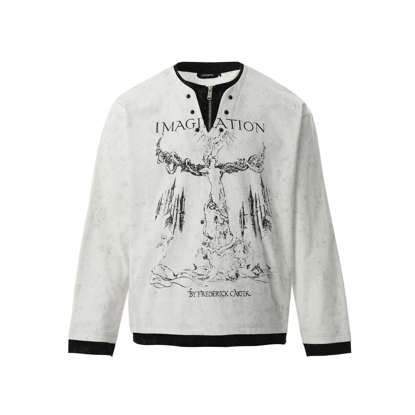 American Retro Punk Printed Pearl Buckle Fake Two-piece Long Sleeve