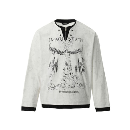 American Retro Punk Printed Pearl Buckle Fake Two-piece Long Sleeve