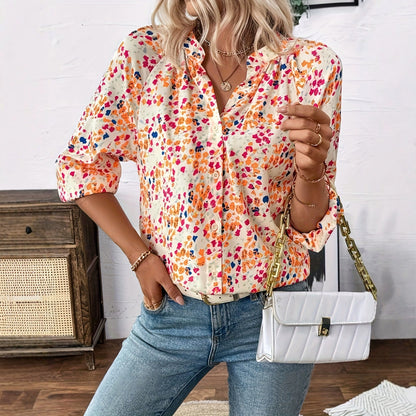 Women's Holiday Loose V-neck Lantern Sleeve Floral Print Shirt