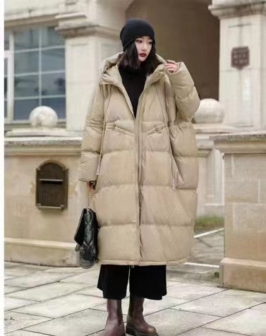 Autumn And Winter Warm Thick Hooded Mid-length White Duck Down Jacket Women
