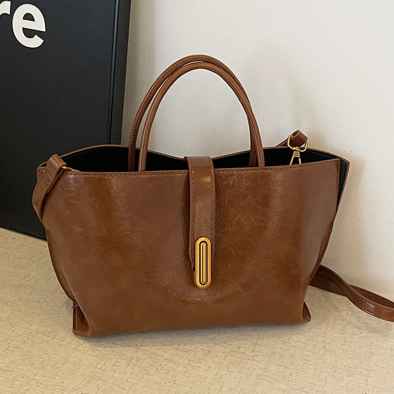 Simple Elegant Oil Wax Leather Portable Bucket Bag
