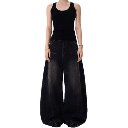 Retro Cat Beard Machete Jeans Women Loose Straight-leg Wide-leg