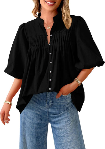 Loose Style Button Shirt Casual Pleated V-neck Shirt