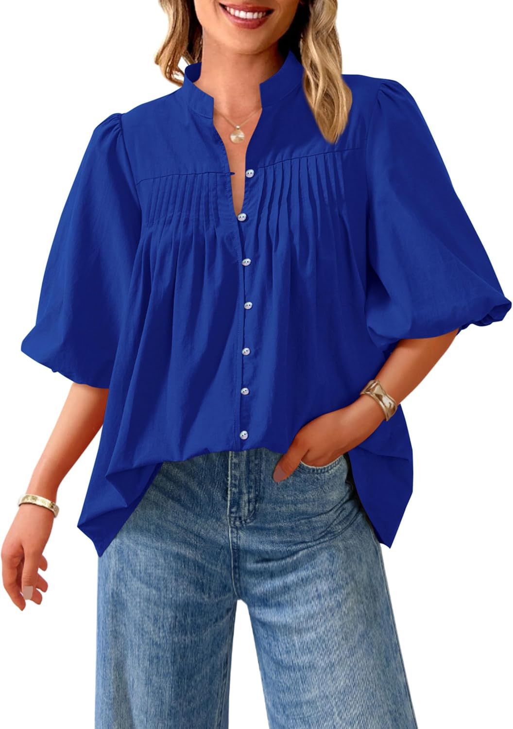 Loose Style Button Shirt Casual Pleated V-neck Shirt