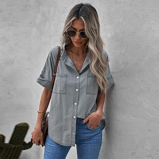 Casual All-matching Lapel Solid Color Simple Shirt