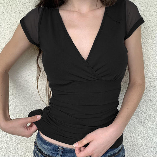 Deep V Design Small Pleated Pure Color Mesh Stitching Short Sleeve