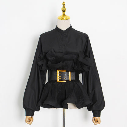 Stand Collar Long Sleeve Pleated Ruffled Sneaky Design Lace-up Top