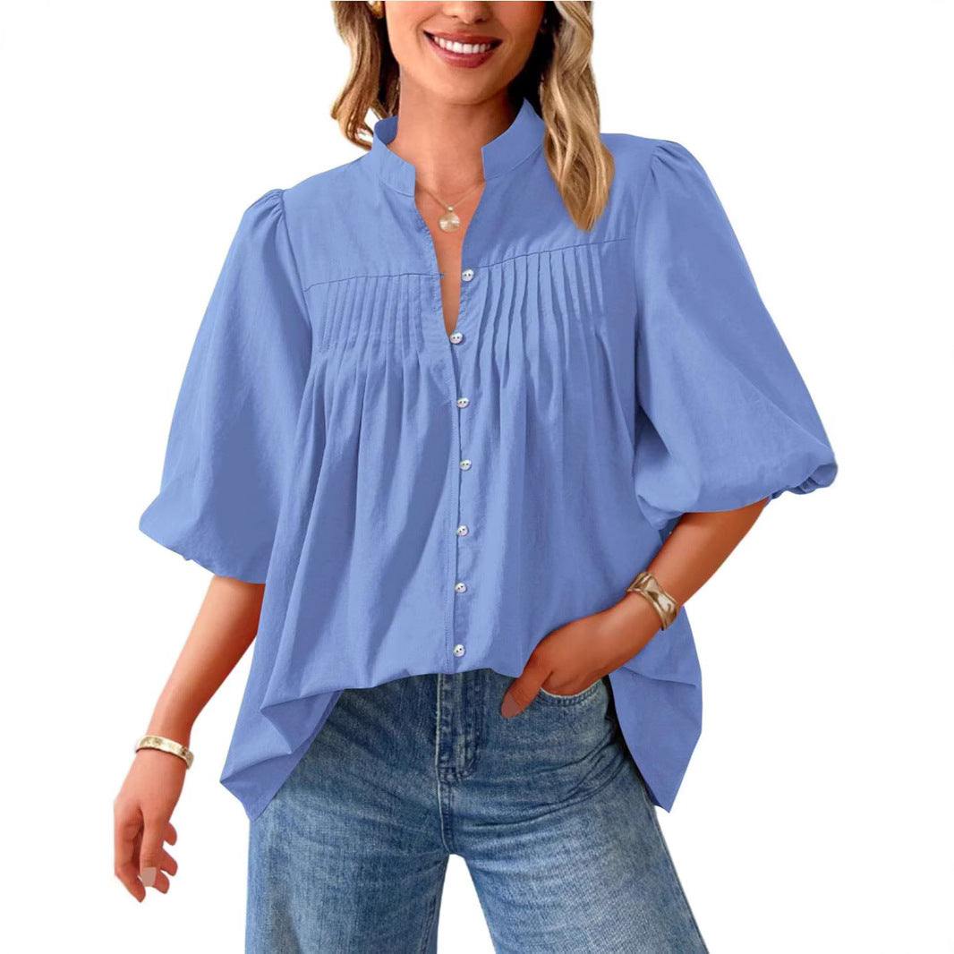 Loose Style Button Shirt Casual Pleated V-neck Shirt