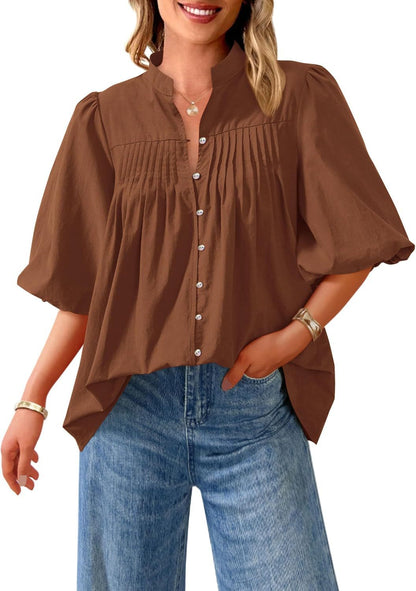 Loose Style Button Shirt Casual Pleated V-neck Shirt