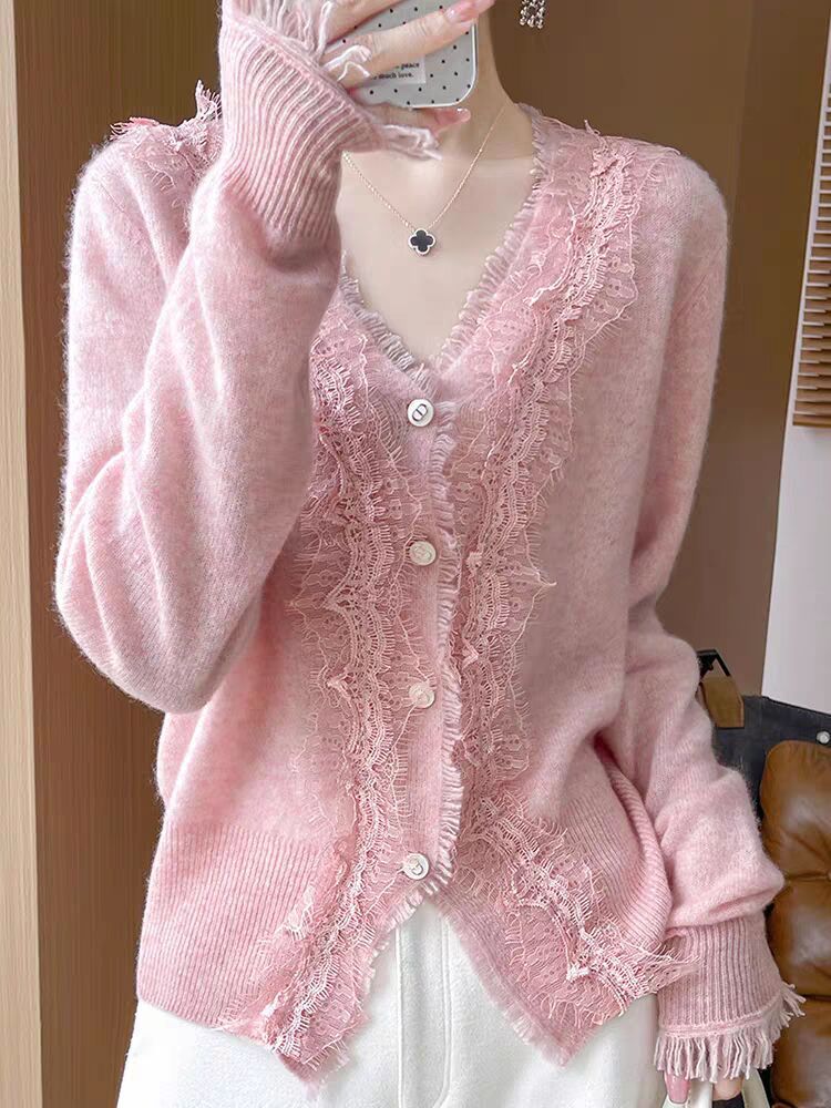 Autumn V-neck Lace Cardigan Women's Top