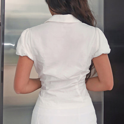 Solid Color Simple Waist Fitted Puff Sleeve Polo Shirt