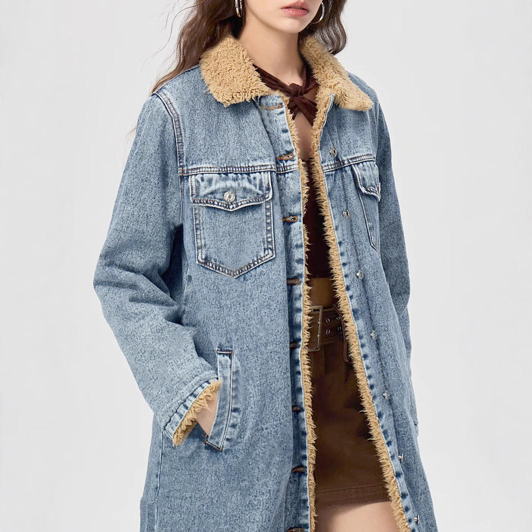 European And American Loose Long Velvet Lining Cotton-padded Coat Denim Coat