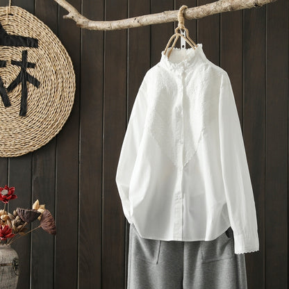 Women's Embroidered Cotton Shirt With Wooden Ears