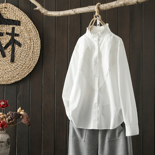 Women's Embroidered Cotton Shirt With Wooden Ears
