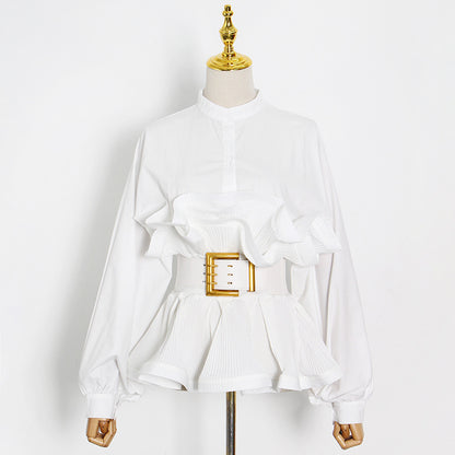 Stand Collar Long Sleeve Pleated Ruffled Sneaky Design Lace-up Top