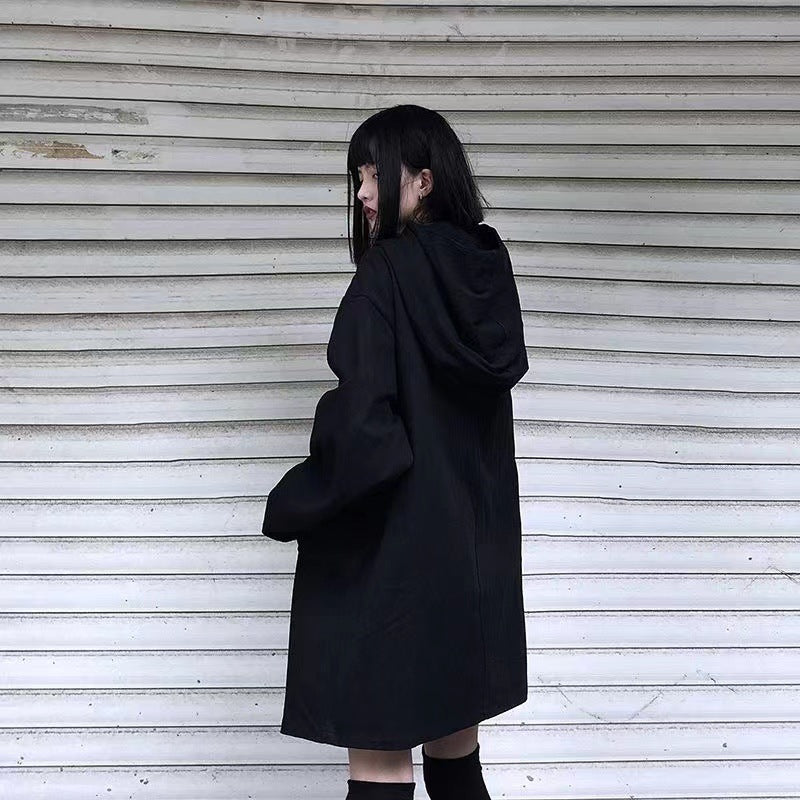 Dark Hooded Loose Coat Women's Clothing