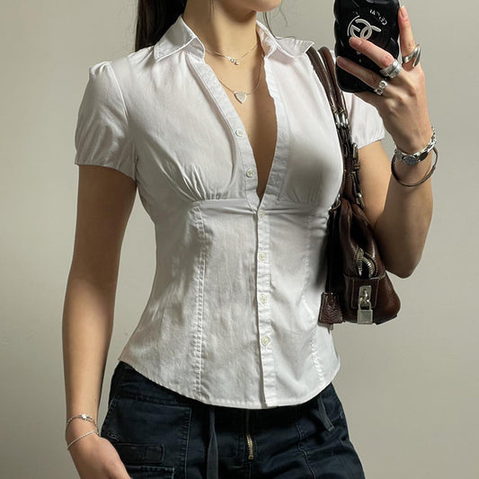 Solid Color Simple Waist Fitted Puff Sleeve Polo Shirt