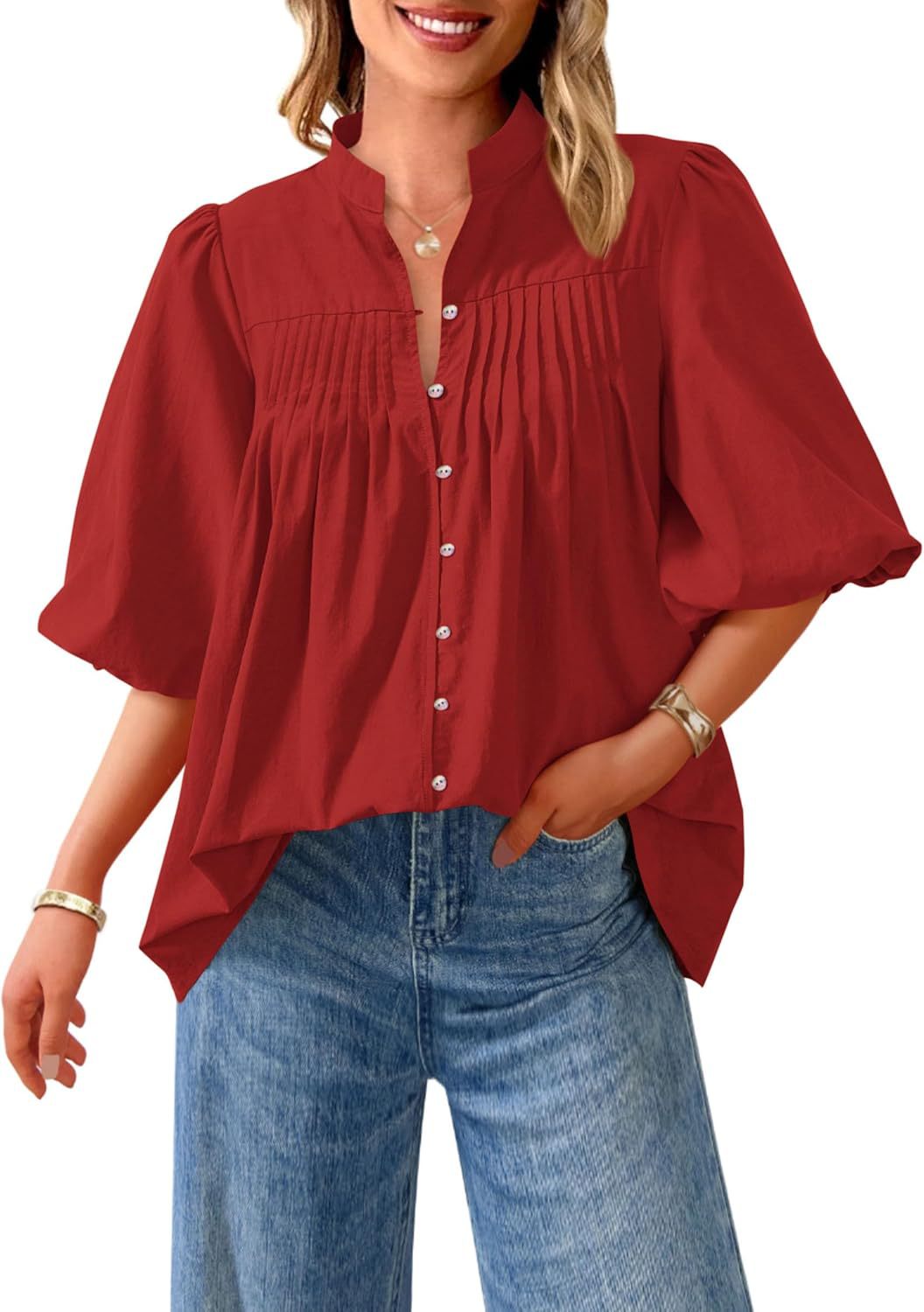 Loose Style Button Shirt Casual Pleated V-neck Shirt