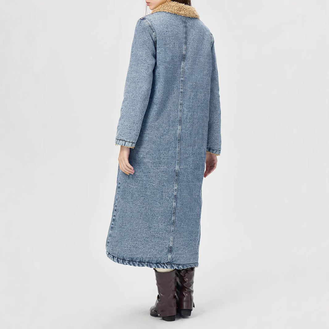 European And American Loose Long Velvet Lining Cotton-padded Coat Denim Coat