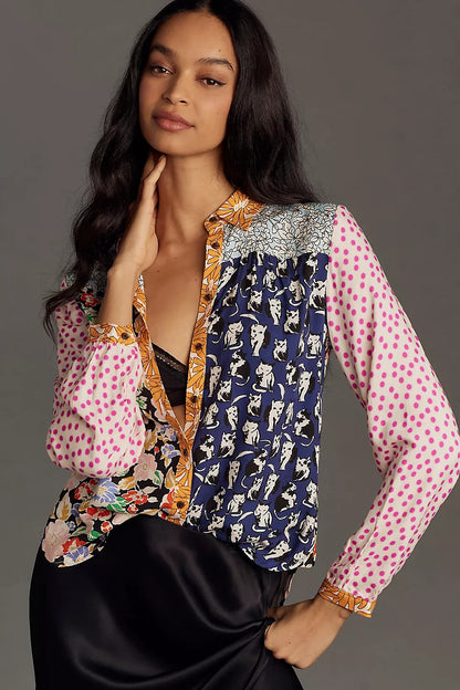 Print Lapel Long Sleeve Shirt Women's
