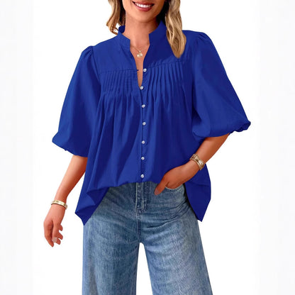 Loose Style Button Shirt Casual Pleated V-neck Shirt