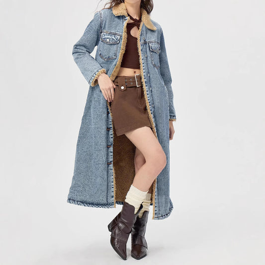 European And American Loose Long Velvet Lining Cotton-padded Coat Denim Coat