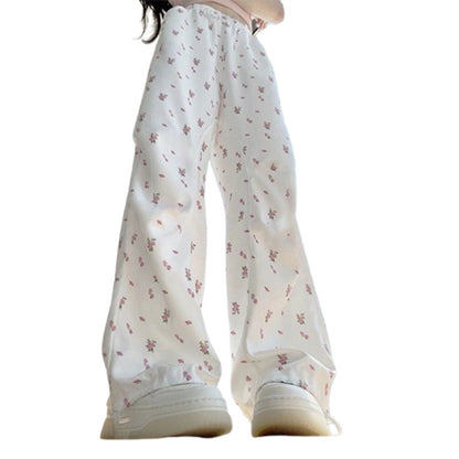 White Floral Overalls Women's Summer High Waist Wide Leg