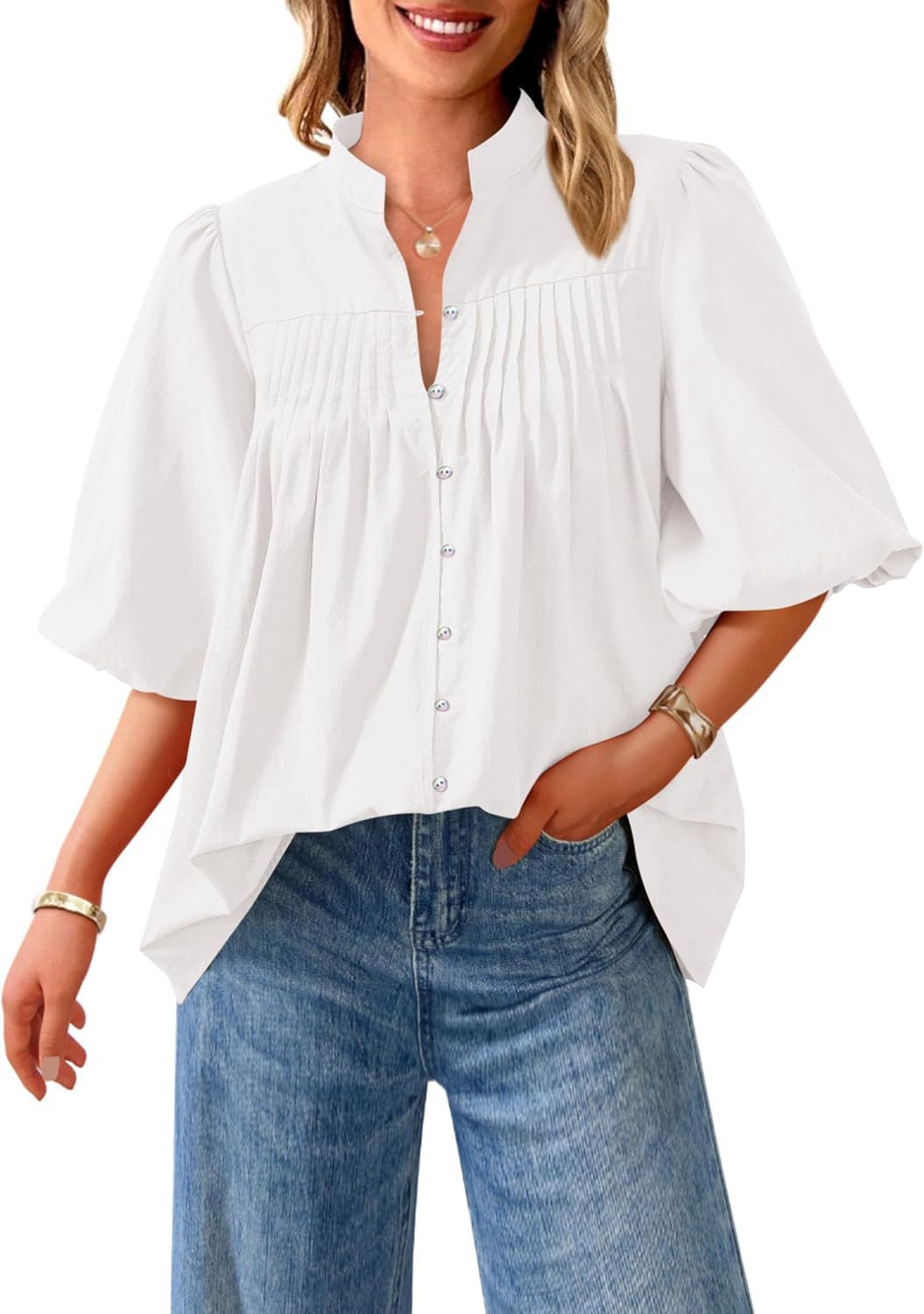 Loose Style Button Shirt Casual Pleated V-neck Shirt