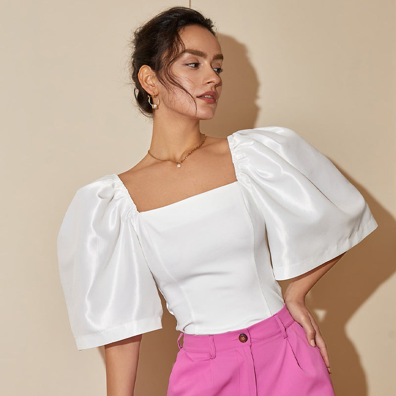 Women's Retro Lantern Sleeve Square Collar Elegant Top