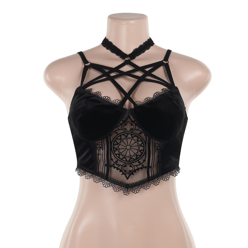 Elegant Hot Girl Sexy All-matching Flocked Printed Halterneck Vest Female