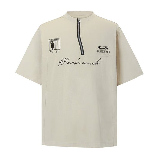 Summer Irregular Zipper Design Fabric Short Sleeve T-shirt