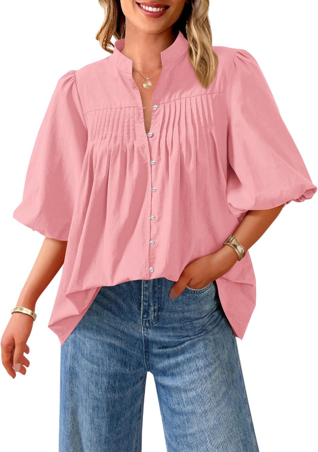 Loose Style Button Shirt Casual Pleated V-neck Shirt