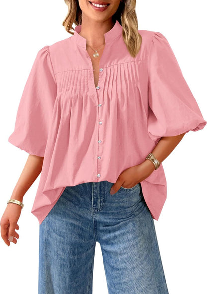 Loose Style Button Shirt Casual Pleated V-neck Shirt