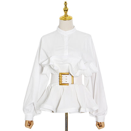 Stand Collar Long Sleeve Pleated Ruffled Sneaky Design Lace-up Top