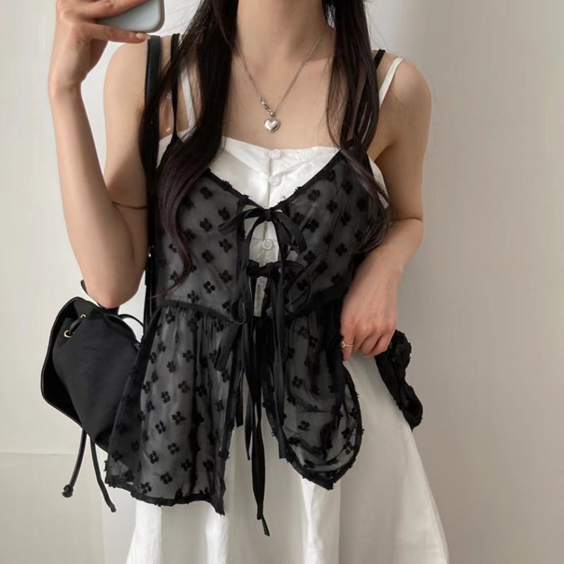 V-neck Lace-up Design Embroidery Jacquard All-match Bandage Dress Sling