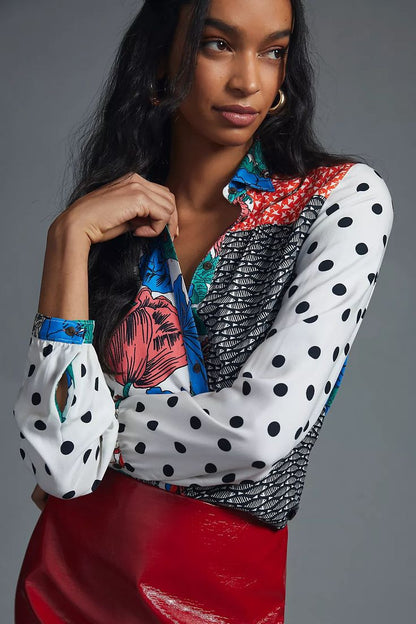 Print Lapel Long Sleeve Shirt Women's
