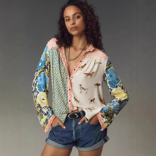 Print Lapel Long Sleeve Shirt Women's