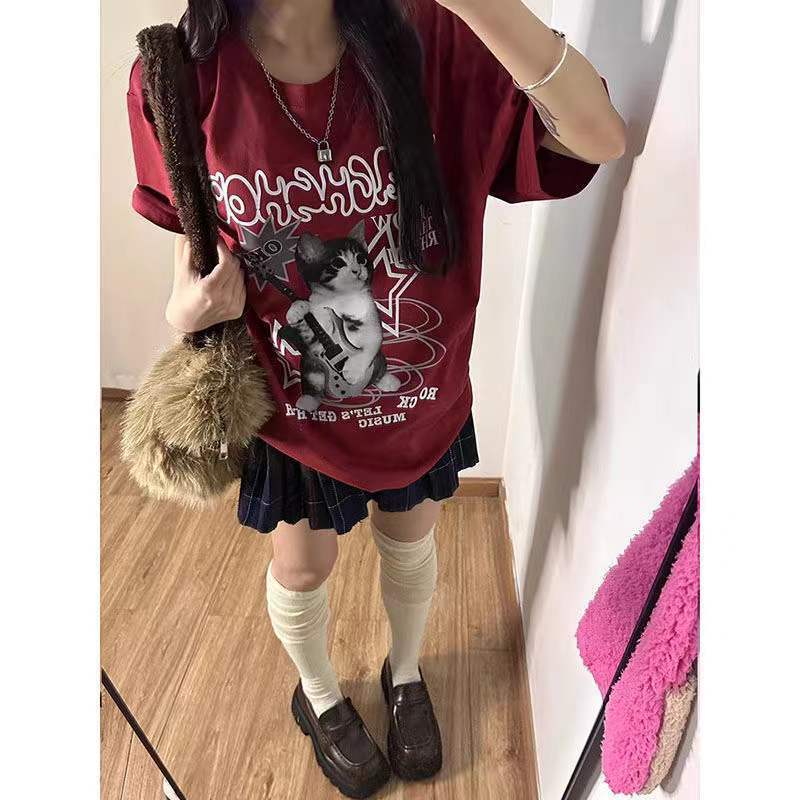 Pure Cotton Japanese Style Alphabet Wine Red Short Sleeve