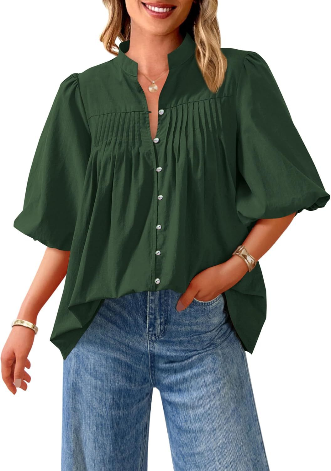Loose Style Button Shirt Casual Pleated V-neck Shirt
