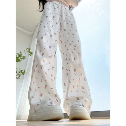 White Floral Overalls Women's Summer High Waist Wide Leg