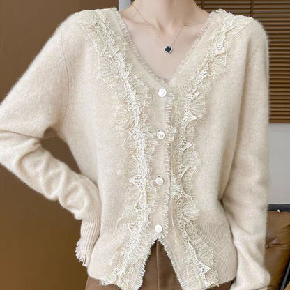 Autumn V-neck Lace Cardigan Women's Top