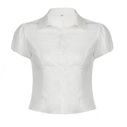 Solid Color Simple Waist Fitted Puff Sleeve Polo Shirt